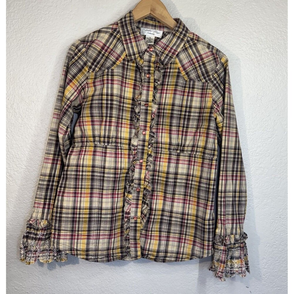 Tasha Polizzi Blouse Plaid Snap Front Western Country Prairie Cottage Women M